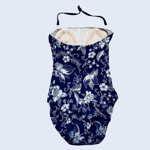 Longitude Navy Blue White Floral Print One-Piece Halter Swimsuit Size 10T - Picture 2 of 7